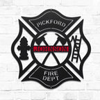 Wall art metal sign of Fire department emblem with personalized name on a white brick wall background