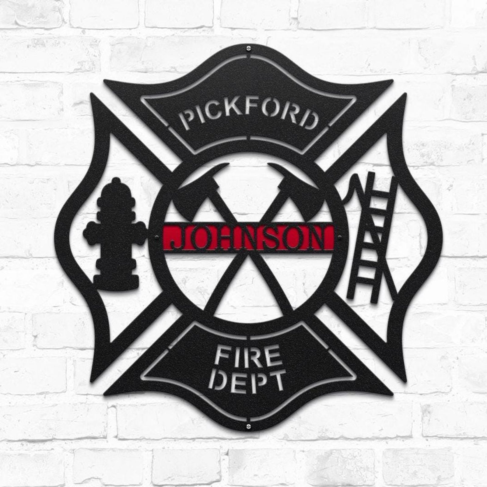 Wall art metal sign of Fire department emblem with personalized name on a white brick wall background