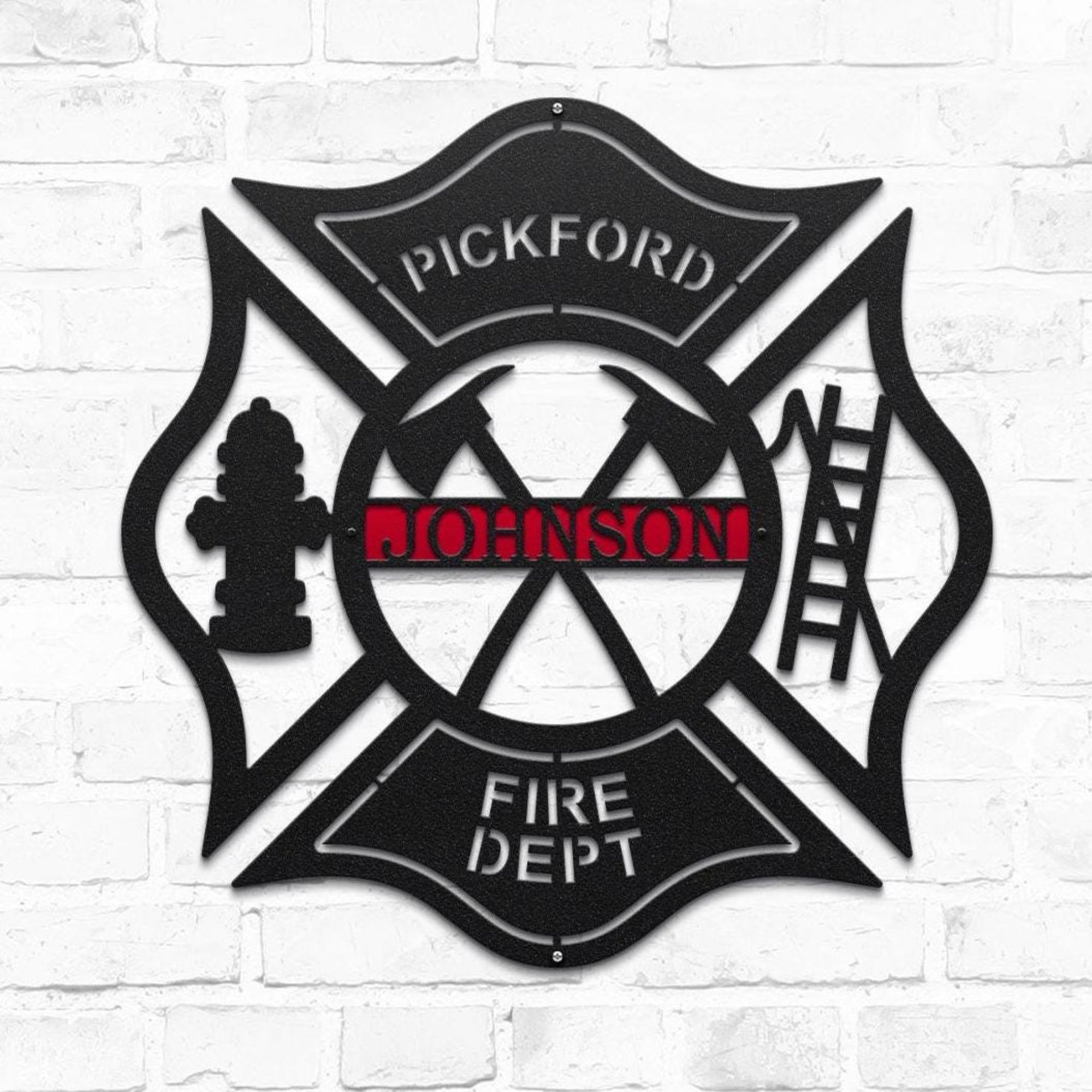 Wall art metal sign of Fire department emblem with personalized name on a white brick wall background