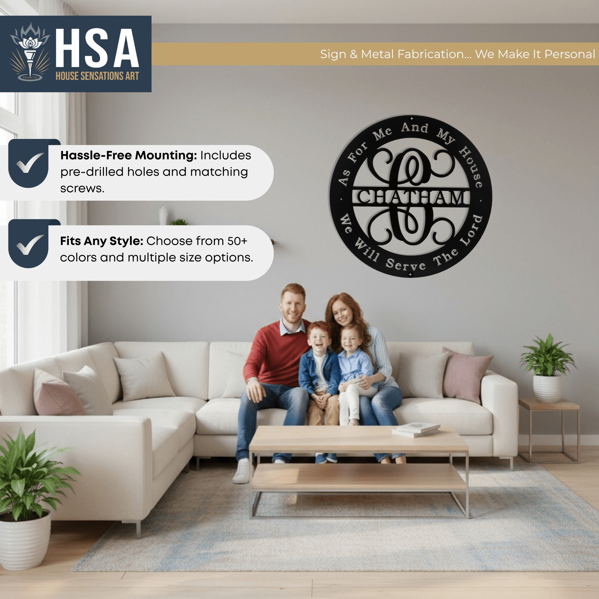 Living room scene with family on a couch, showcasing personalized Christian metal wall décor with the quote “For Me and My House, Our House Will Serve the Lord,” ideal for faith-inspired home décor by House Sensations Art.