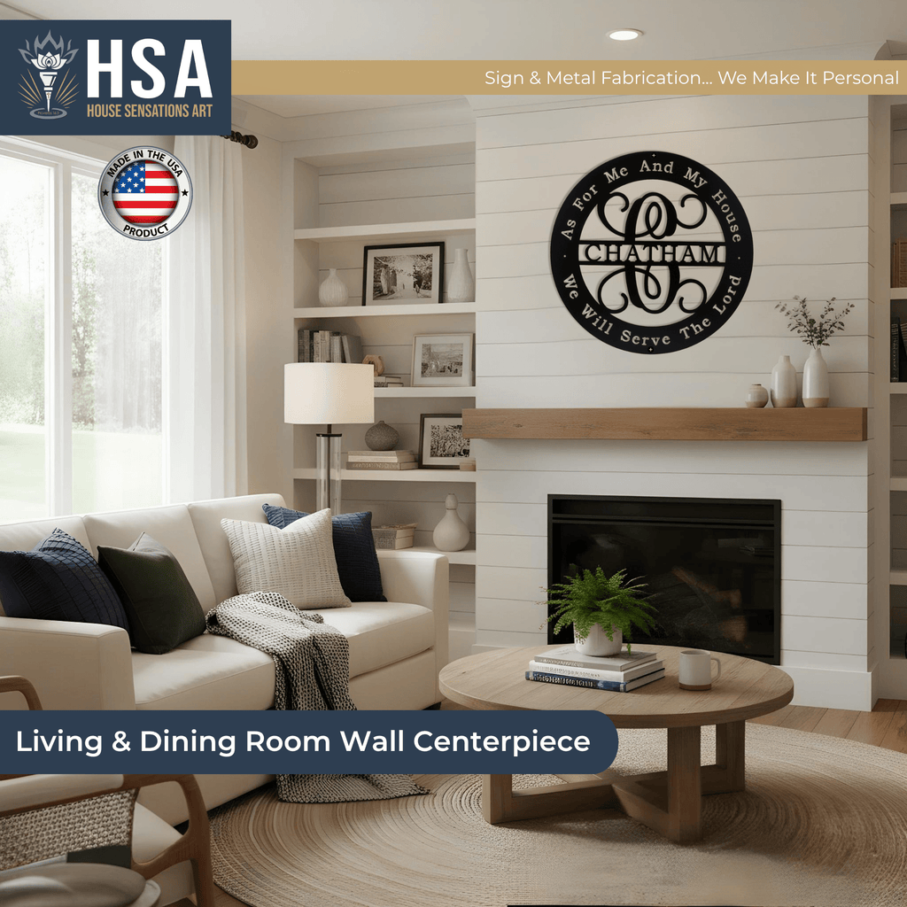 Living room showcasing wall-mounted personalized Christian metal wall décor with family name and biblical quote, featuring HSA House Sensations Art branding, ideal for indoor home décor and faith-inspired wall art.
