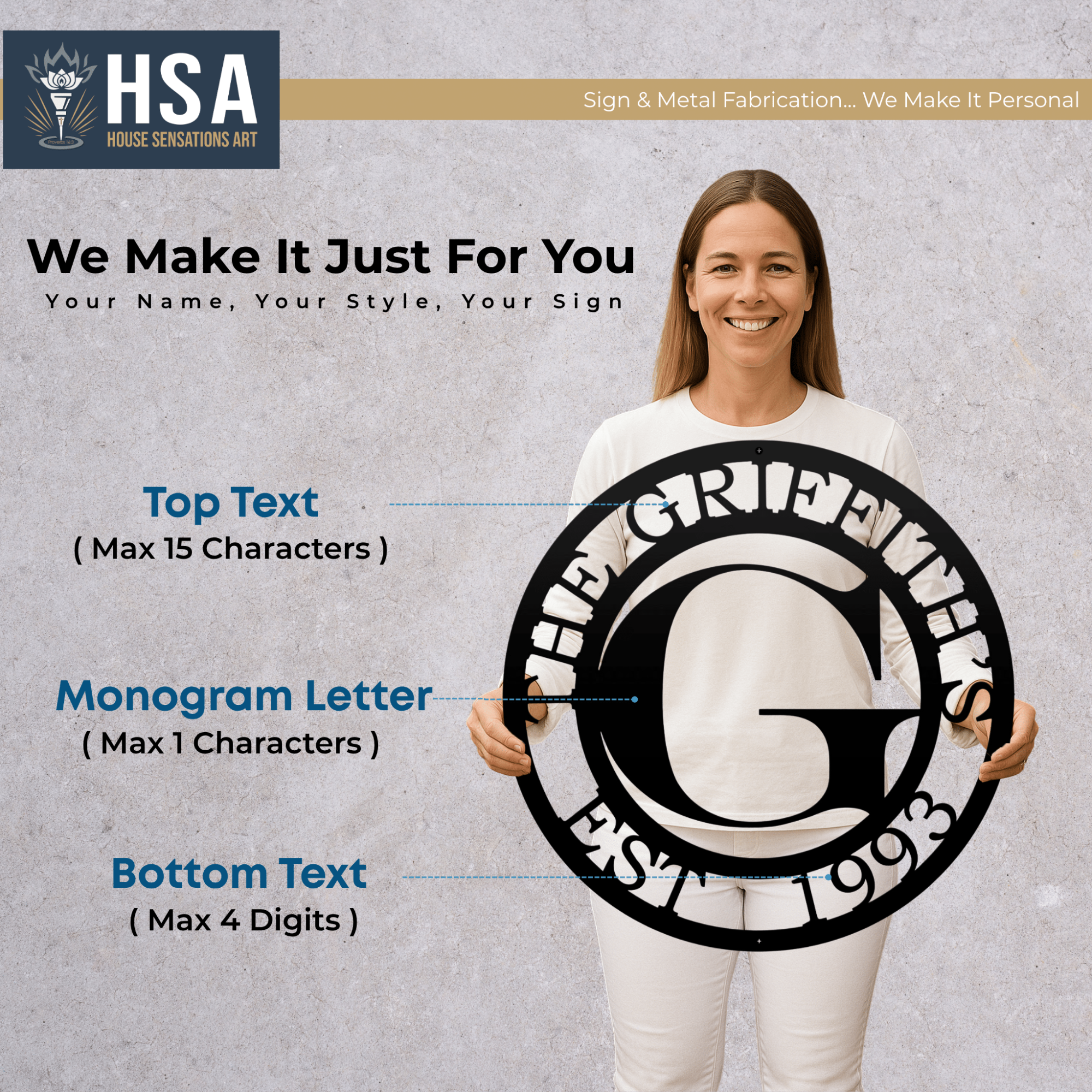 Woman displaying customizable monogram metal wall décor with family name, featuring HSA House Sensations Art branding, ideal for indoor or outdoor home décor, weddings, or anniversary gifts.