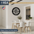 Dining room showcasing personalized Christian metal wall décor with family name and biblical quote, featuring HSA House Sensations Art branding, perfect for indoor or outdoor home décor and faith-inspired wall art.