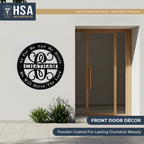 House exterior displaying personalized Christian metal wall sign with family name and biblical quote, featuring, perfect for outdoor front door décor or faith-inspired home signage.