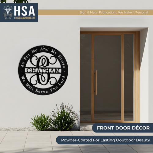House exterior displaying personalized Christian metal wall sign with family name and biblical quote, featuring, perfect for outdoor front door décor or faith-inspired home signage.