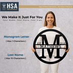 Woman displaying a large customizable metal monogram sign with personalized text, featuring HSA House Sensations Art branding, perfect for home décor or custom gifts.