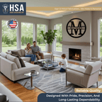 Living room showcasing personalized monogram metal wall décor with “M” and “Mathews,” custom door and wall plaque for home décor.