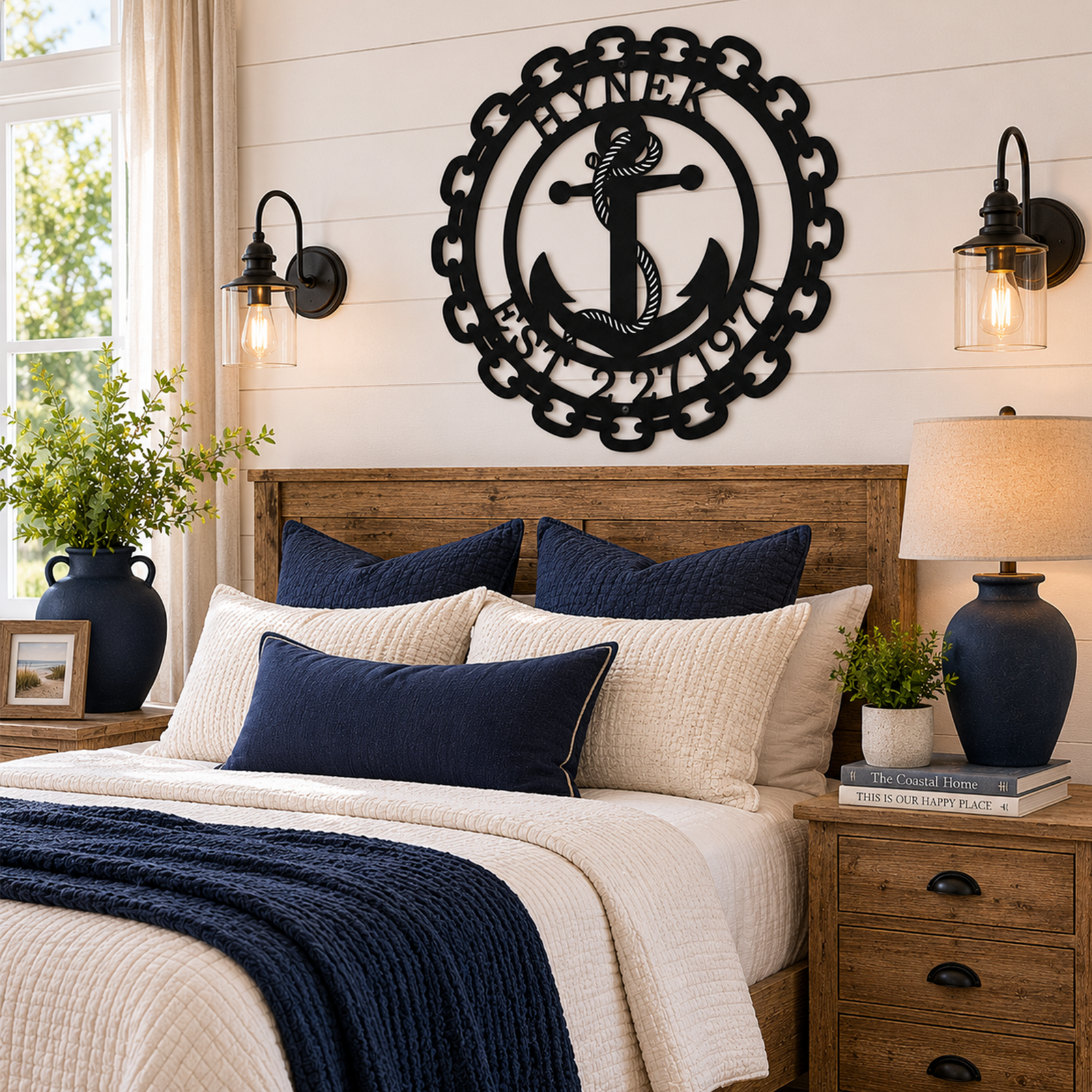 Personalized black metal anchor family name sign hung as a focal piece over a master bed with navy blue and cream coastal bedding.
