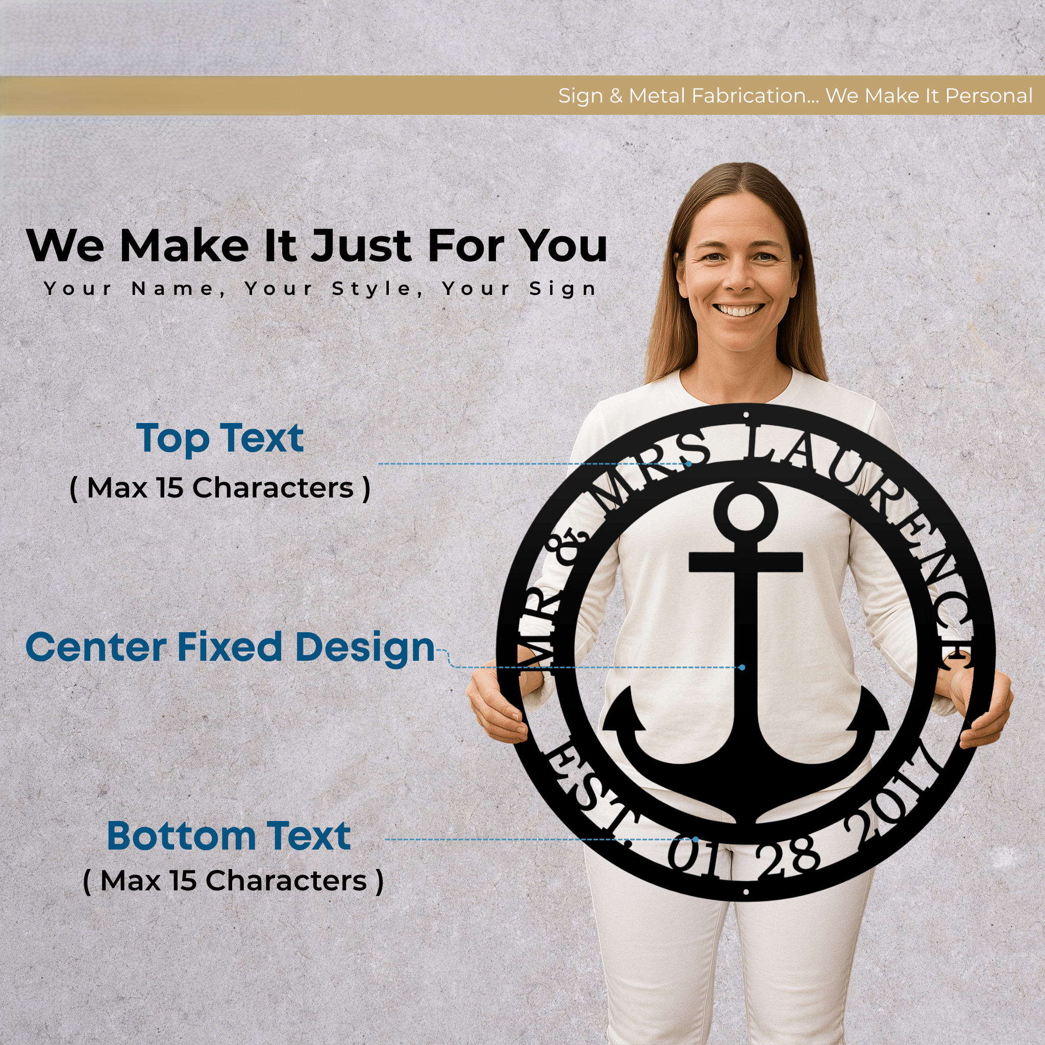 Woman holding personalized anchor metal wall art sign showing custom top text bottom text and established date with fixed anchor design for family home decor customization preview