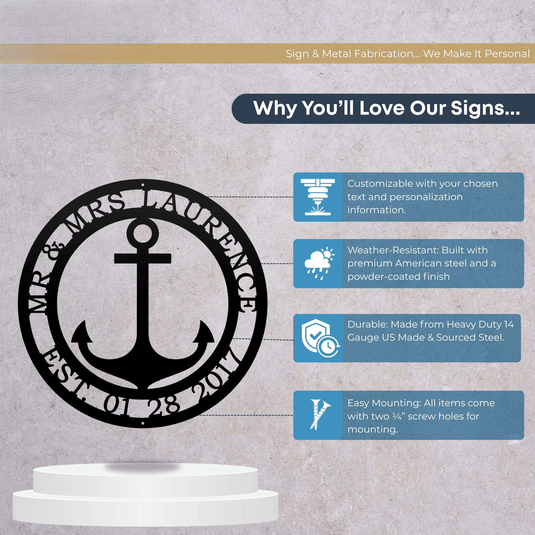 Personalized anchor family name metal wall art sign feature guide showing customizable text weather resistant powder coated finish heavy duty American steel construction and easy mounting details on neutral background