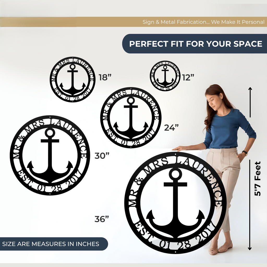 Personalized anchor metal wall sign size comparison chart showing 12 inch 18 inch 24 inch 30 inch and 36 inch options beside woman model