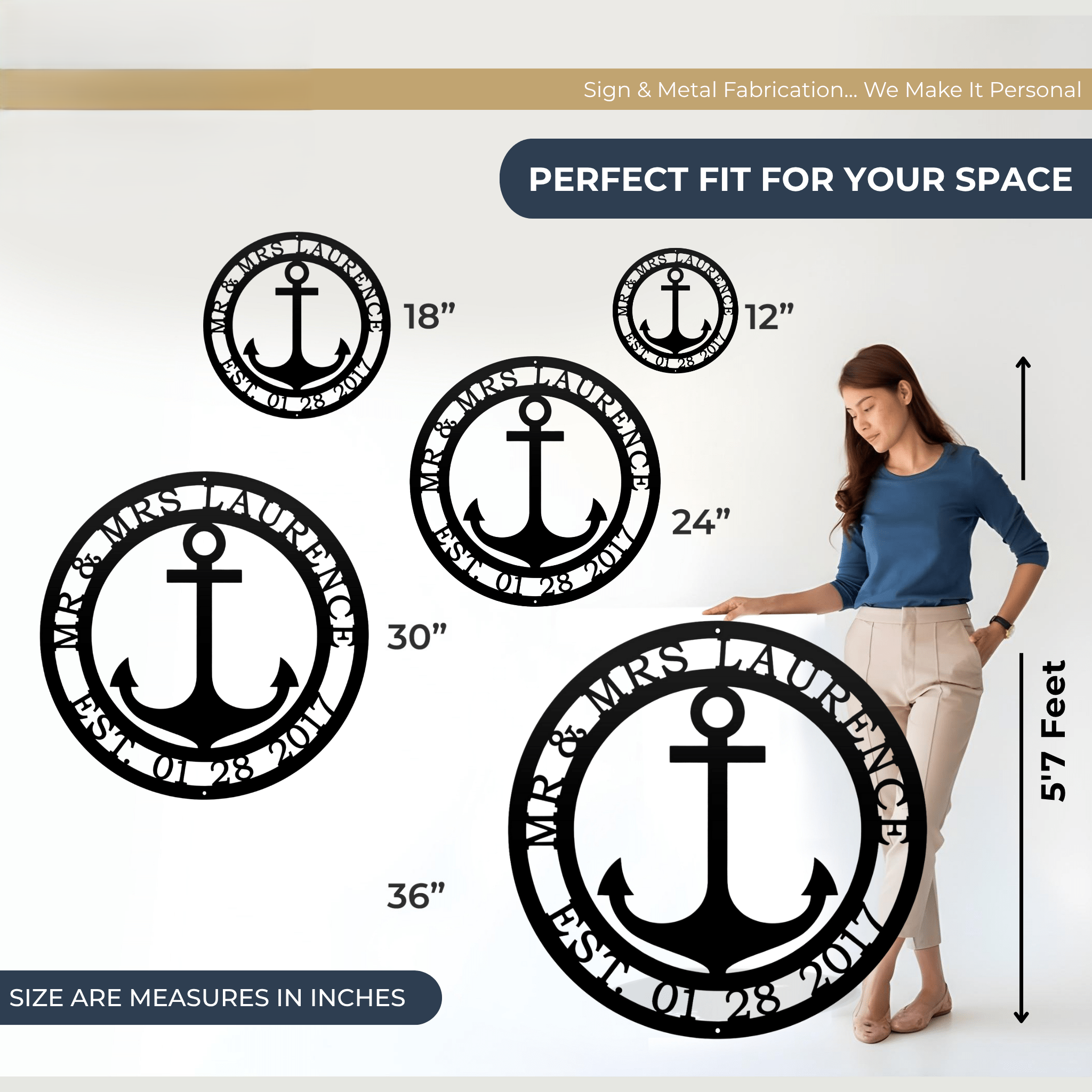 Personalized anchor metal wall sign size comparison chart showing 12 inch 18 inch 24 inch 30 inch and 36 inch options beside woman model