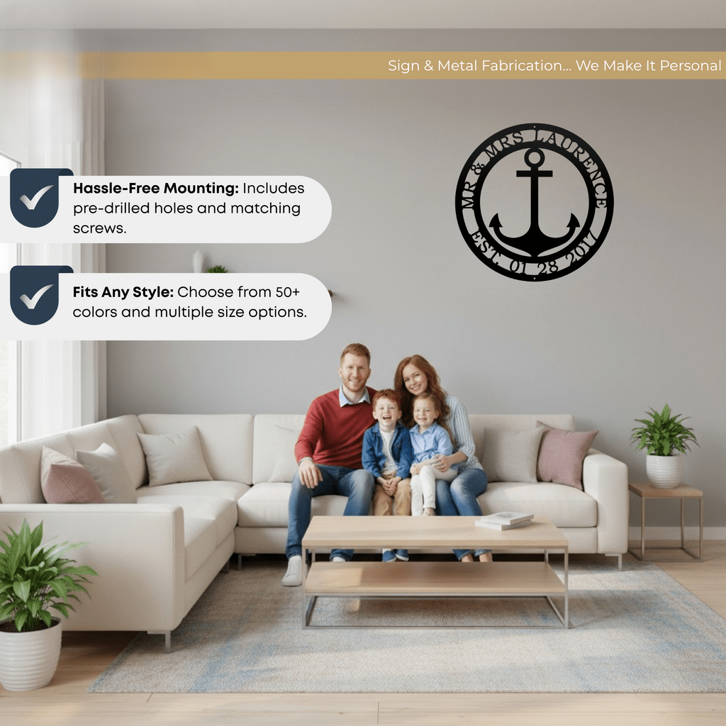 Family sitting in living room with personalized anchor metal wall sign featuring custom family name and established date wall decor