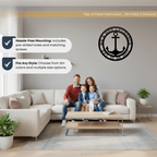 Family sitting in living room with personalized anchor metal wall sign featuring custom family name and established date wall decor