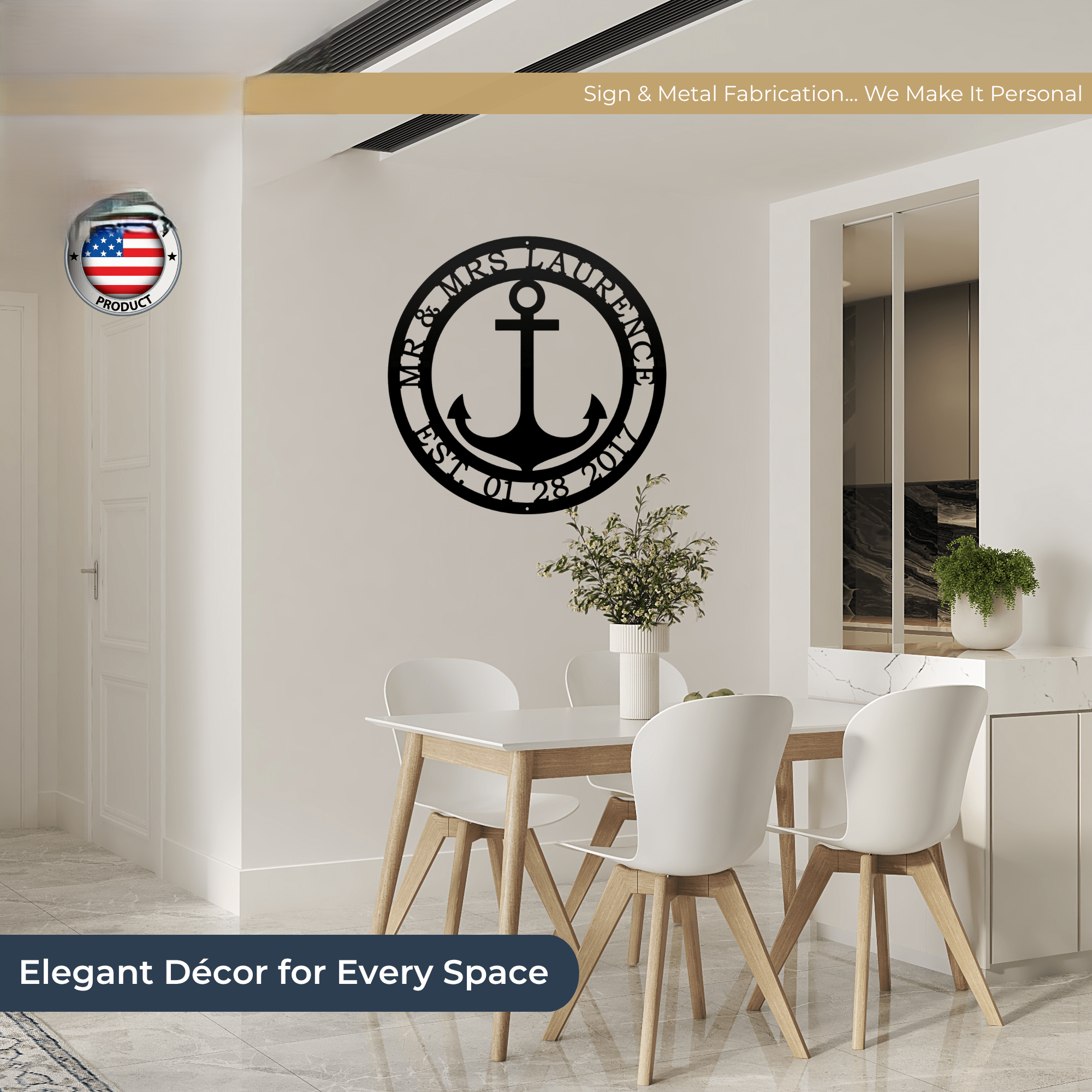 Black personalized anchor metal wall art displayed above modern dining table with custom family name and established date