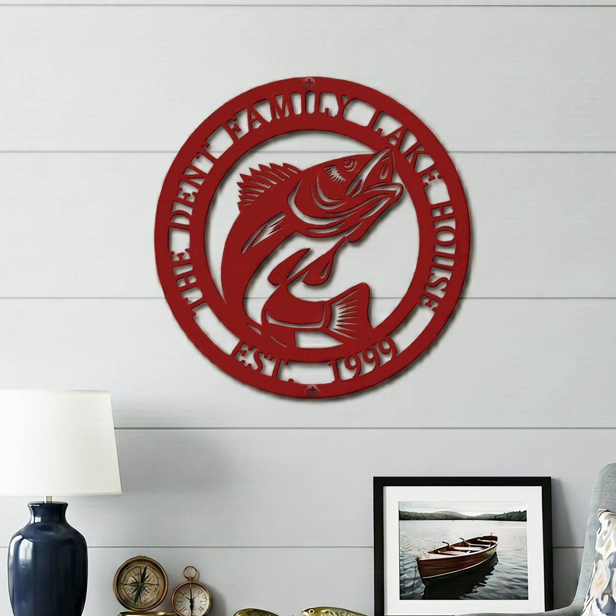 Red personalized bass fish lake house metal sign in cozy fishing themed room