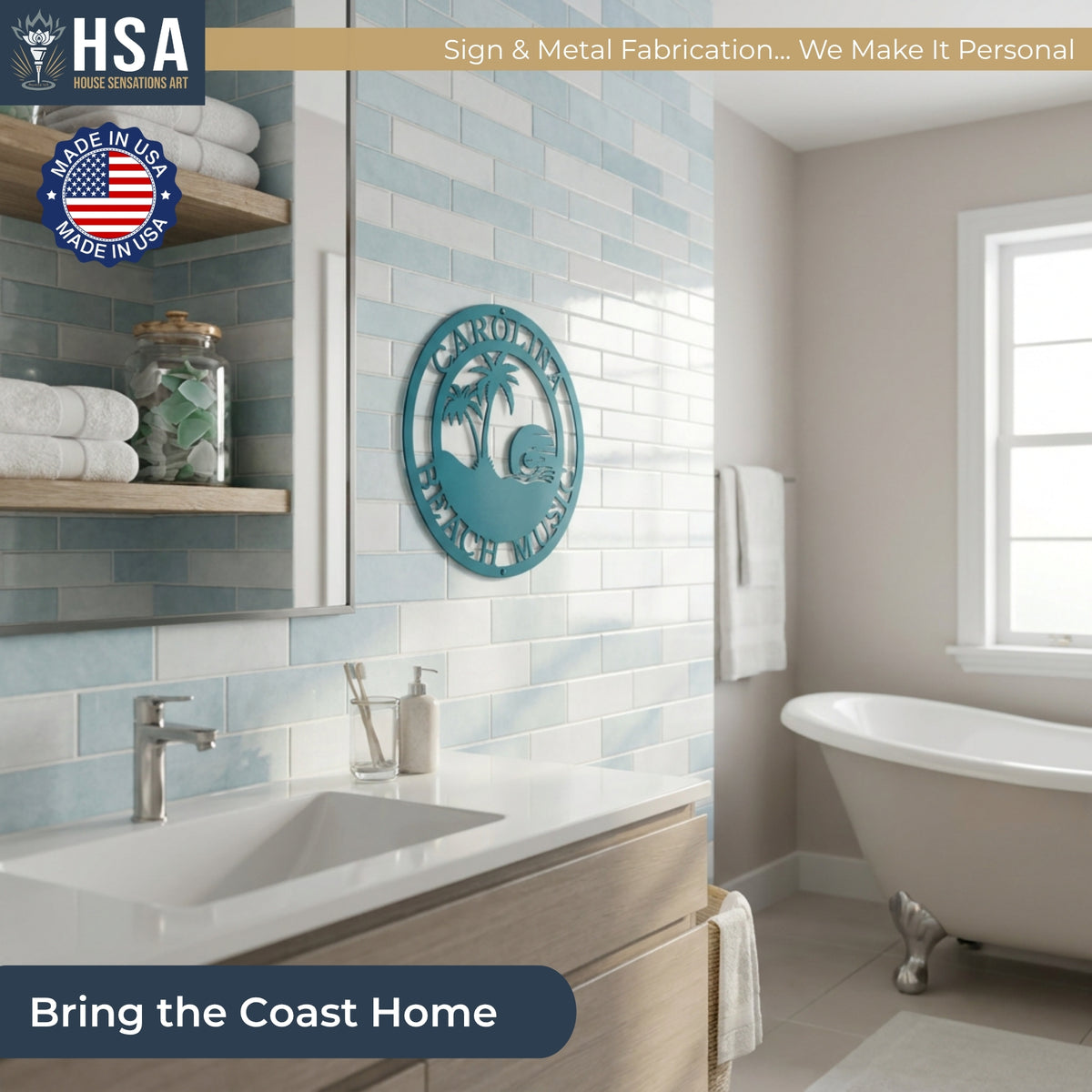 personalized beach metal sign with family name displayed in bathroom creating a coastal themed wall decor with palm trees and ocean design