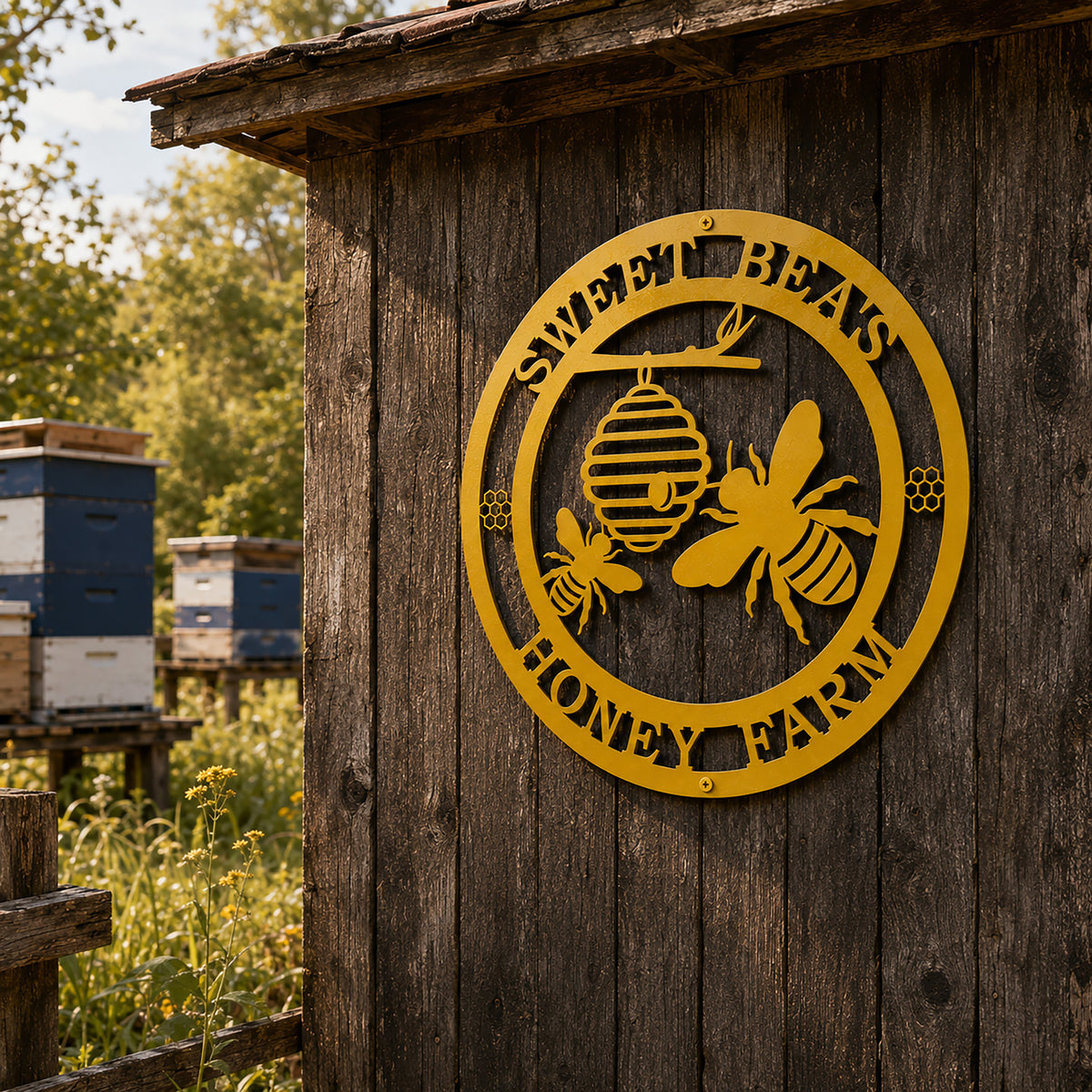 Golden yellow honey bee farm metal sign on rustic outdoor barn wall