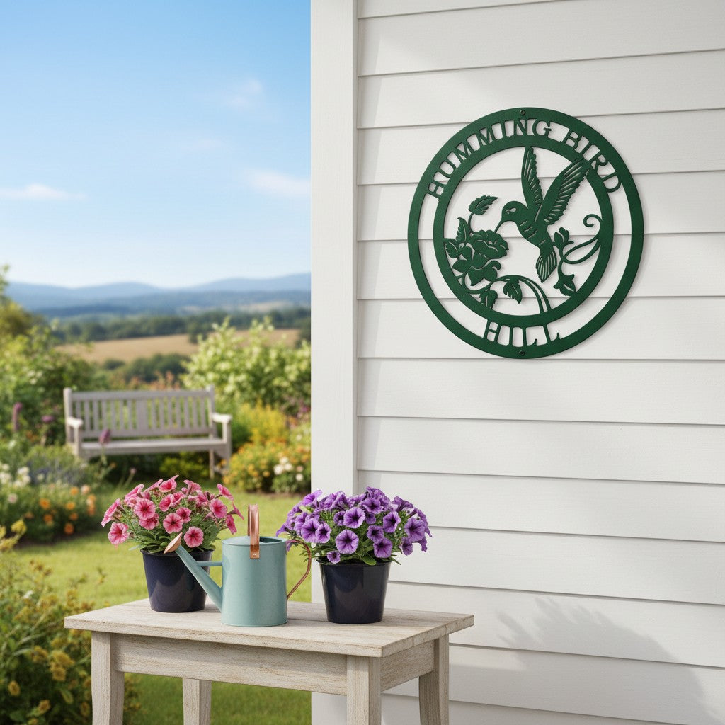 Bionic green finish of the custom circular hummingbird garden sign with text Hummingbird Hill, mounted flat on a white shiplap exterior wall above a small wooden table holding potted purple petunias and a light blue watering can.