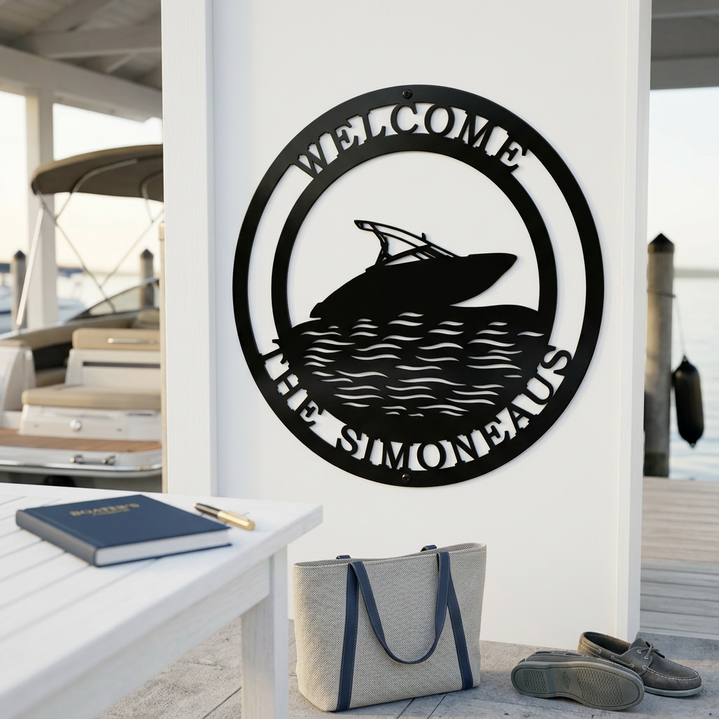 A black round metal sign reading "Welcome The Simoneaus" with a speedboat graphic, hanging on a white structural column near a dock patio table.