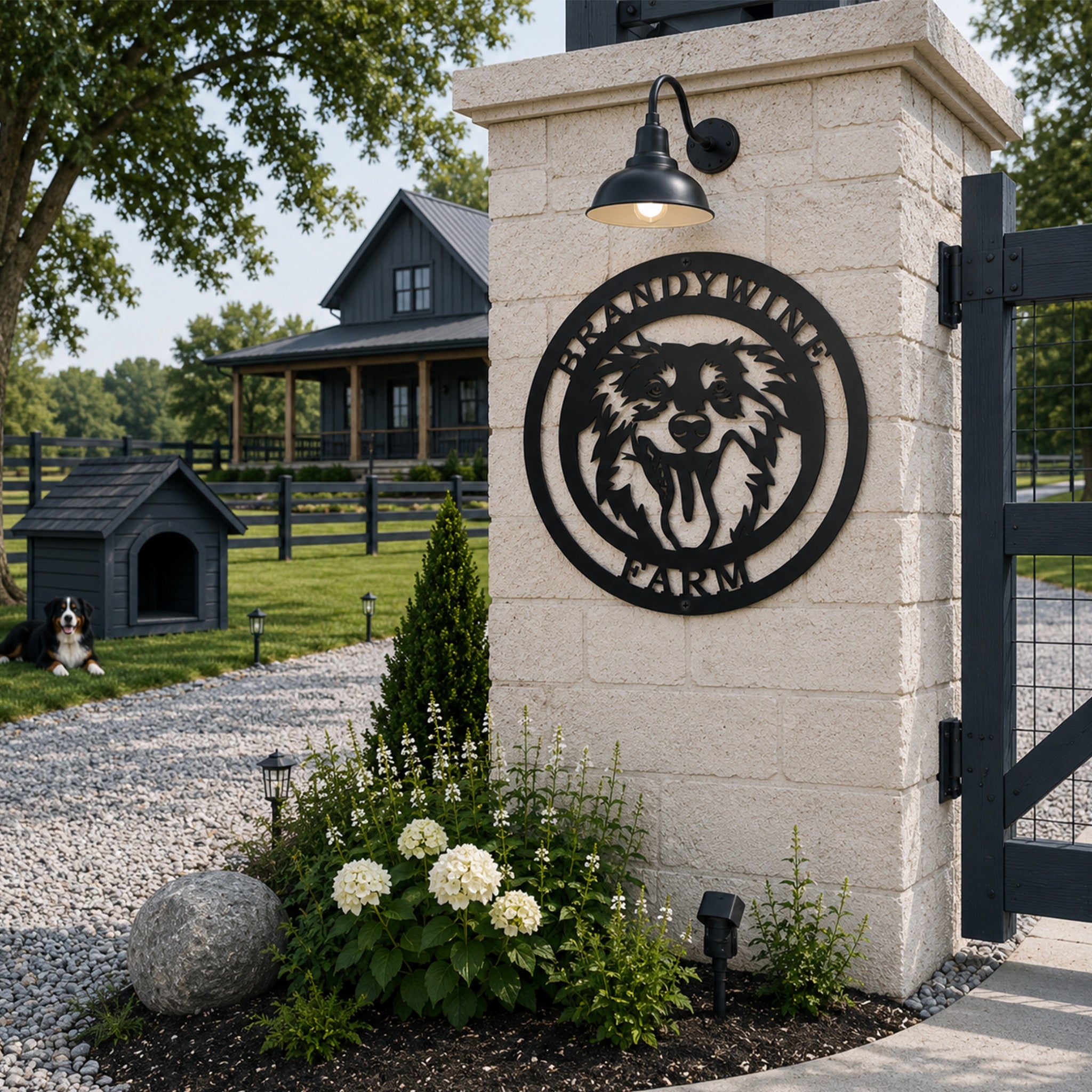 Black personalized Border Collie farm metal sign mounted on a stone entrance pillar with farmhouse driveway and dog house