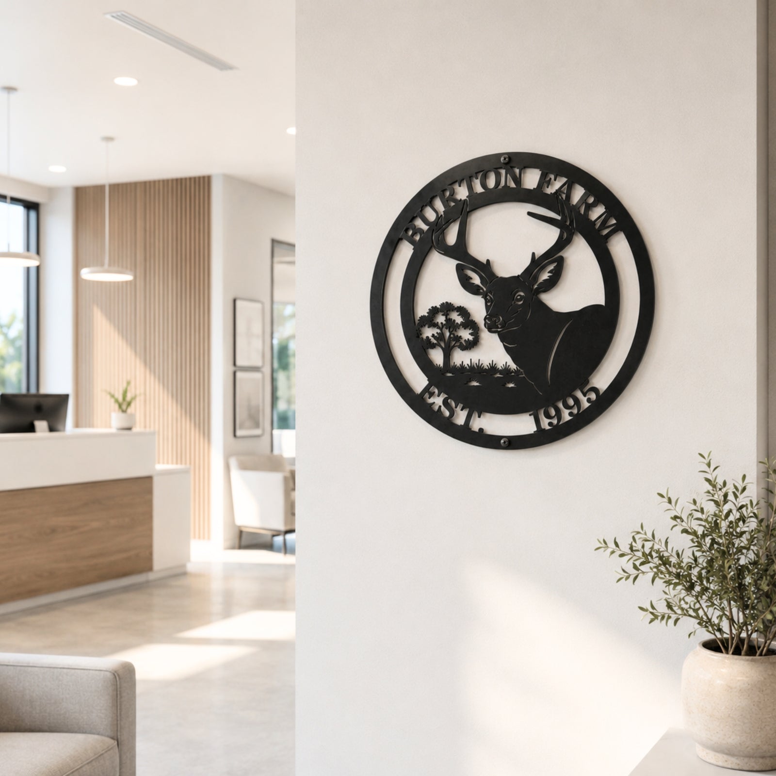 Custom deer buck metal wall art with family farm name and est 1995 displayed on modern interior wall