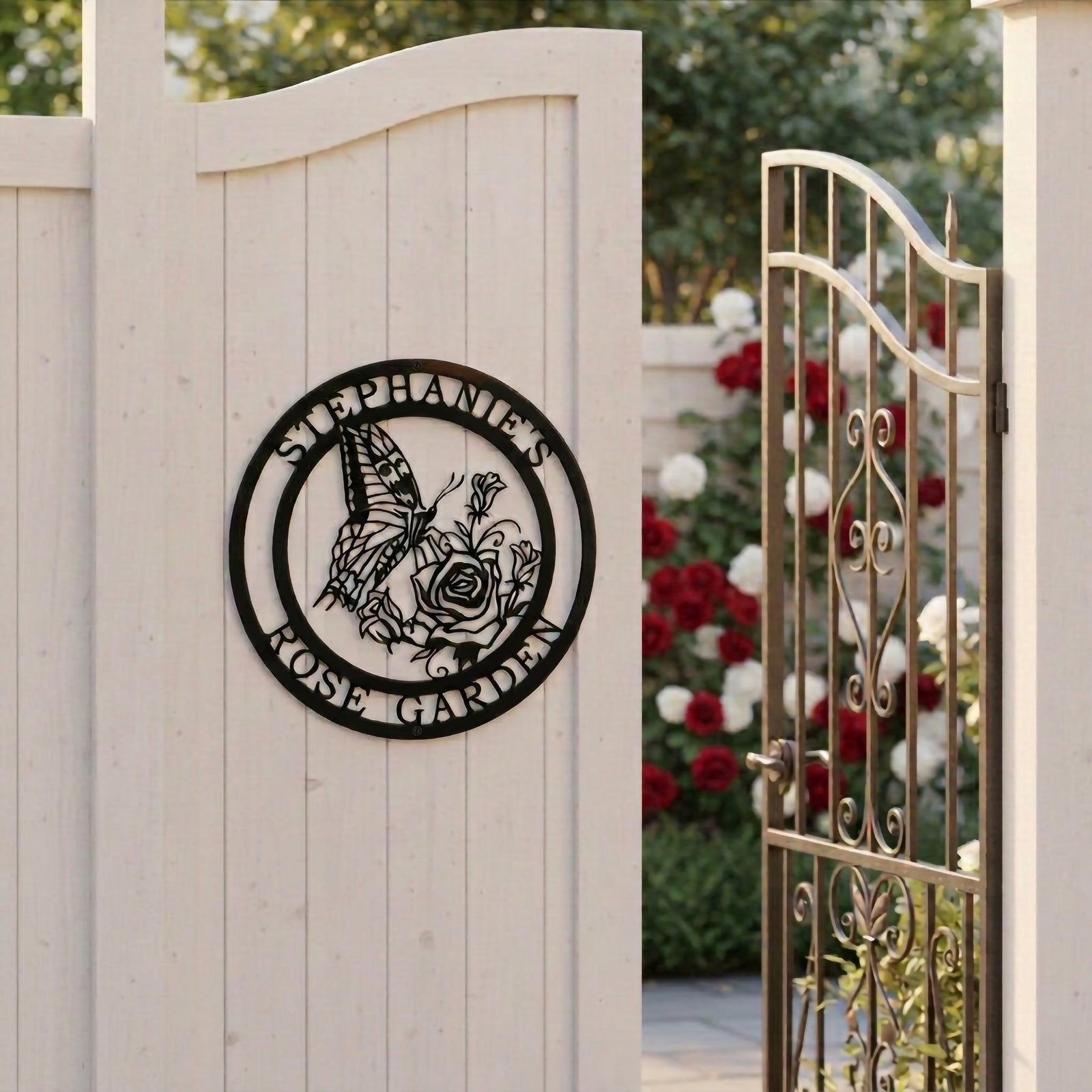 Gloss black customized round metal sign featuring a butterfly resting on a rose bouquet with text Stephanie's Rose Garden, displayed on a painted white brick pillar next to a garden pathway filled with roses.