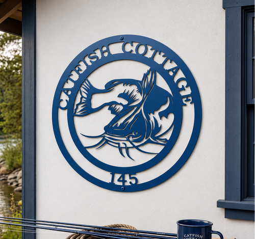 Deep navy blue custom circular metal catfish cabin sign mounted on an exterior wall above a wooden table with fishing rods and a matching blue camping mug.