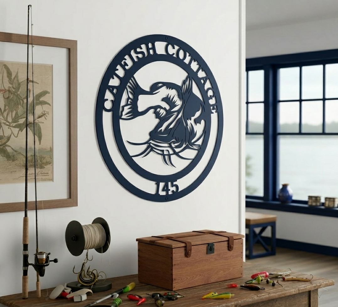 Custom navy blue metal catfish sign mounted on an indoor white wall above a rustic table displaying fishing gear, lures, and a wooden tackle chest.