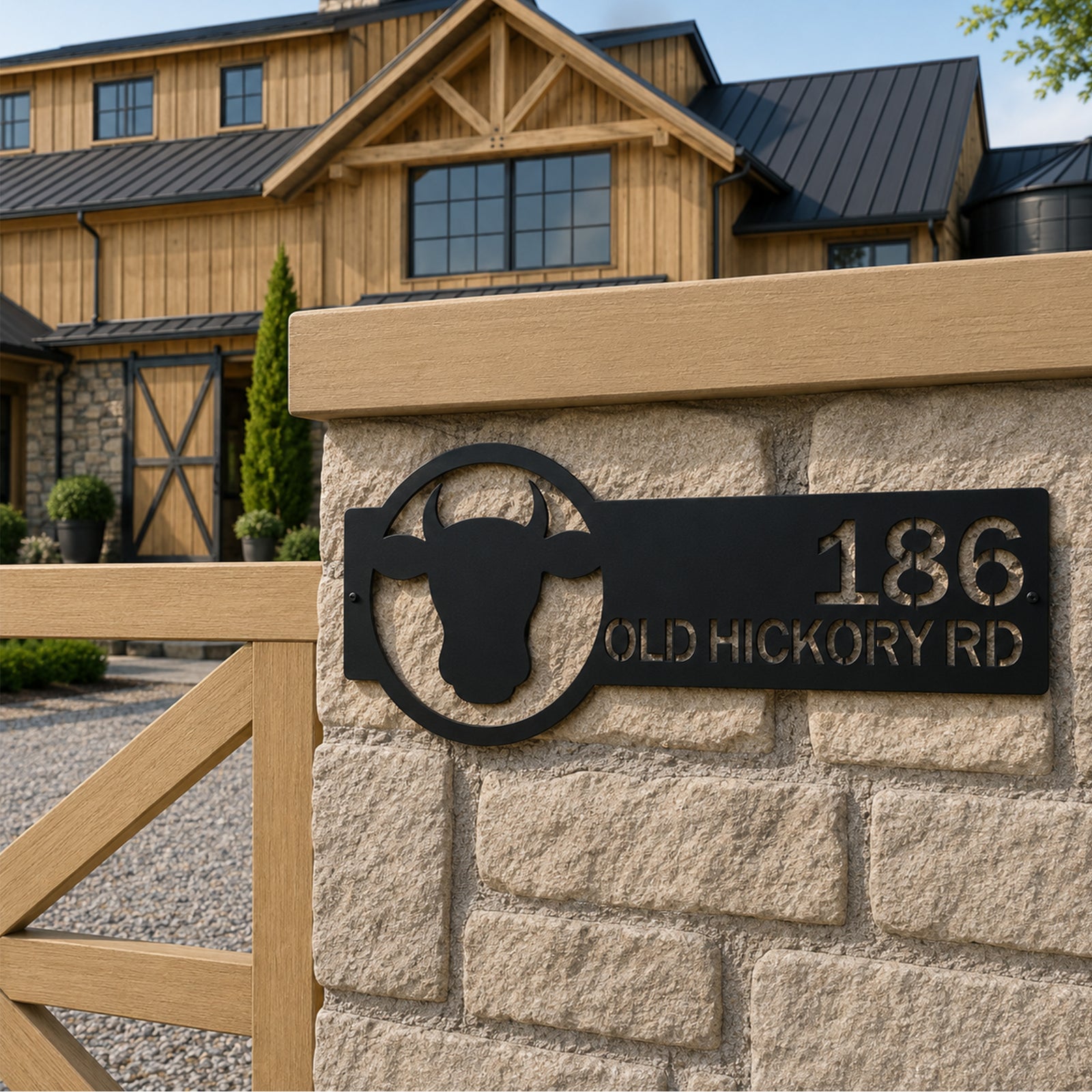 Black custom cattle ranch address sign with house number and street name mounted on stone fence post