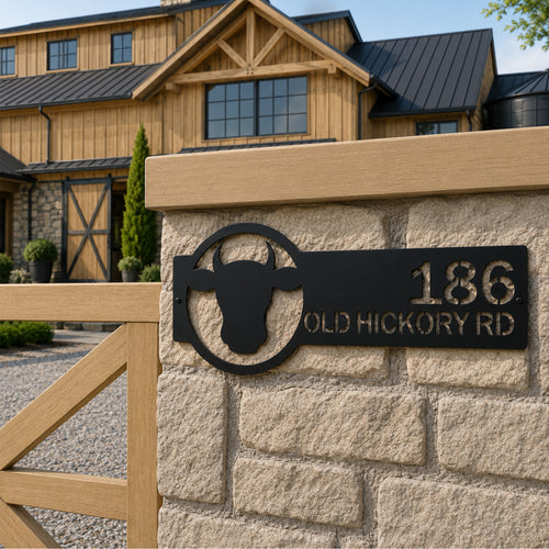 Black custom cattle ranch address sign with house number and street name mounted on stone fence post