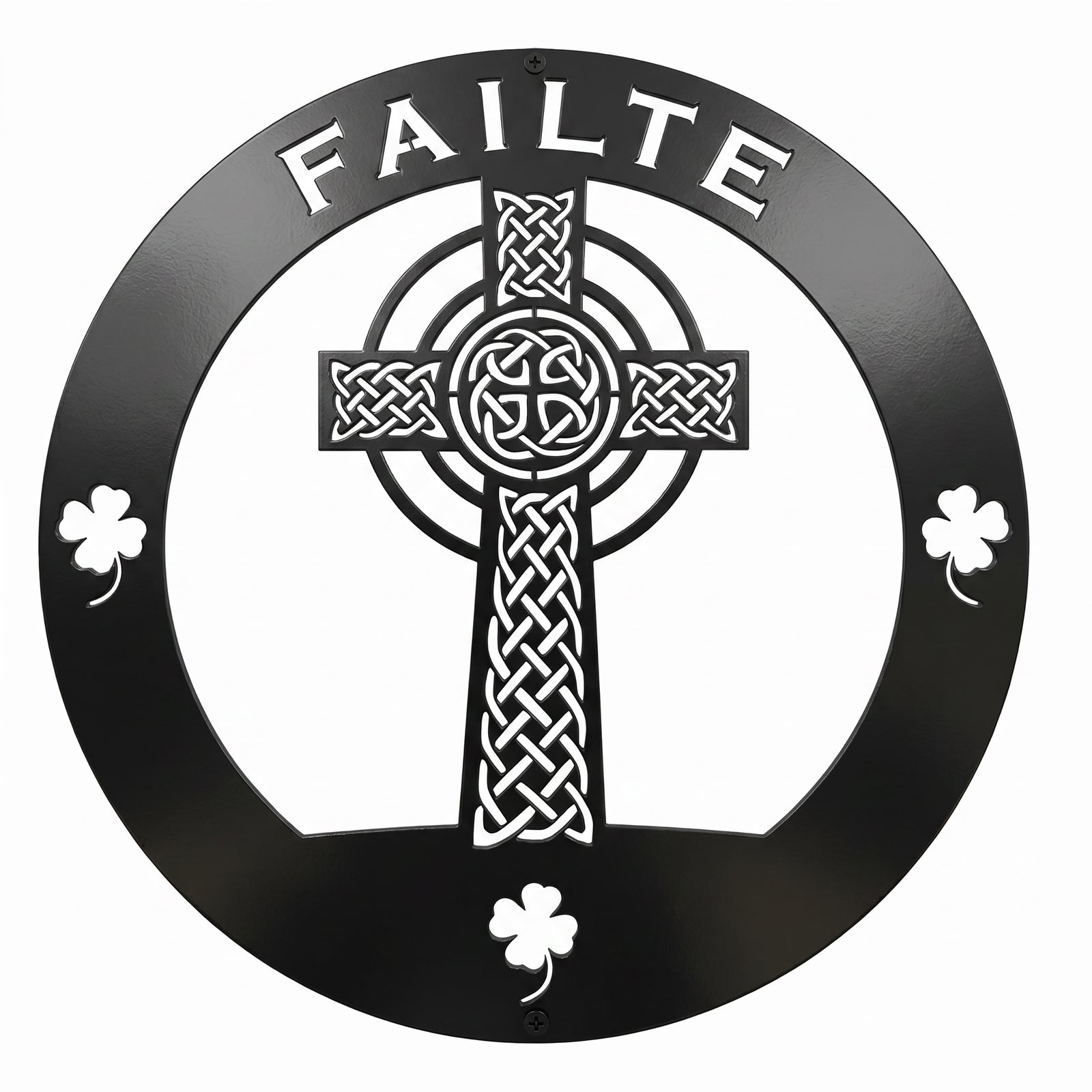 Black Celtic cross metal wall decor featuring the word Failte and shamrock accents on a circular frame