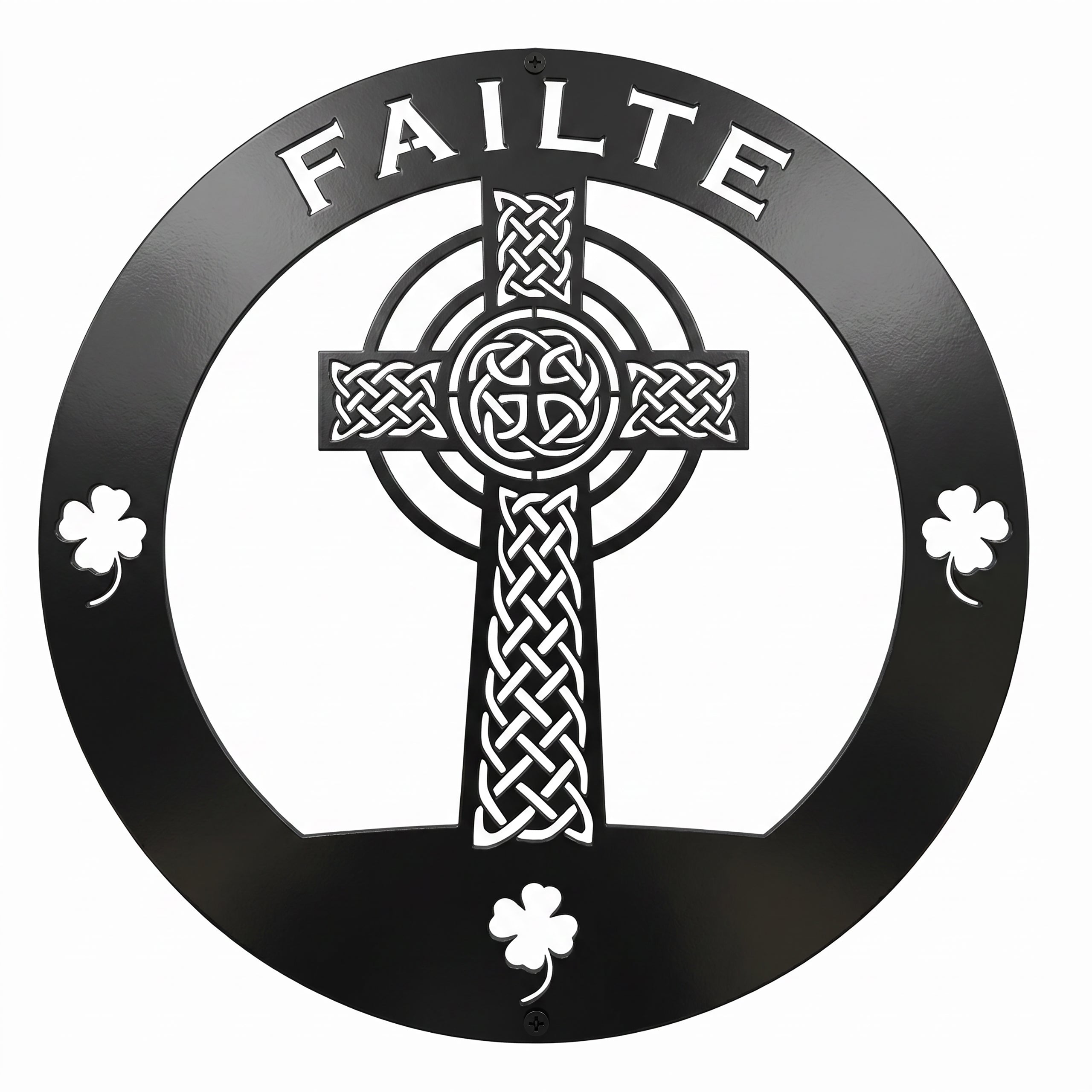 Black Celtic cross metal wall decor featuring the word Failte and shamrock accents on a circular frame