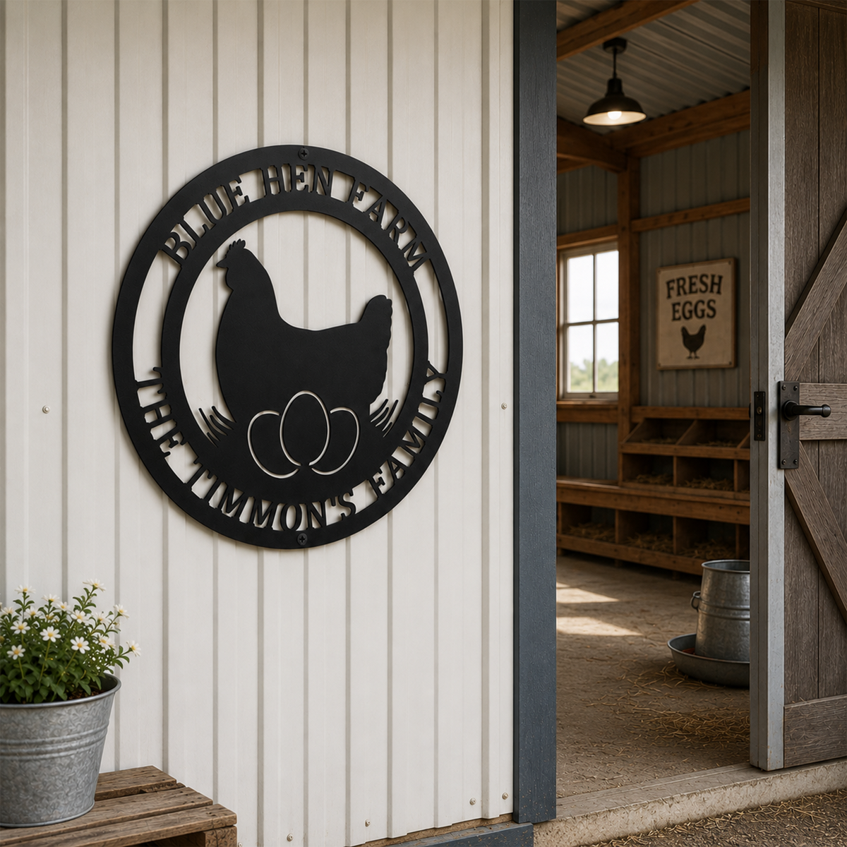 Black custom hen farm metal sign displayed beside chicken coop entrance with fresh eggs decor