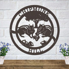 Rustic chipmunk hollow metal wall sign with woodland animals and tree design mounted on white brick wall farmhouse decor