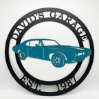 Custom round garage metal sign featuring classic muscle car silhouette with personalized garage name and established date for automotive wall decor