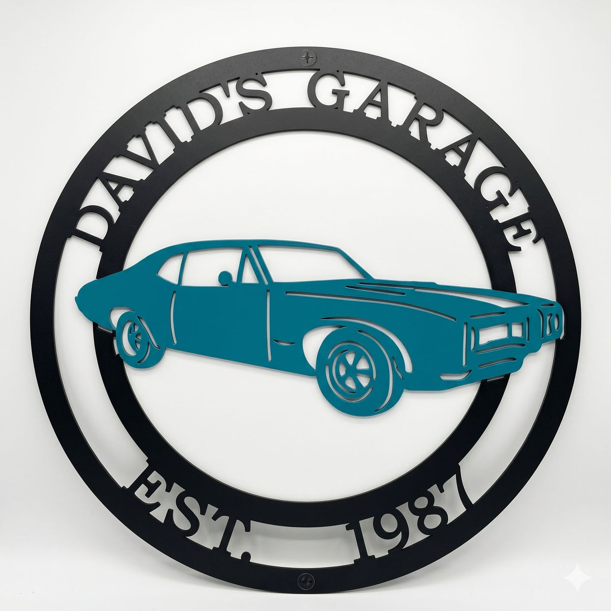 Custom round garage metal sign featuring classic muscle car silhouette with personalized garage name and established date for automotive wall decor