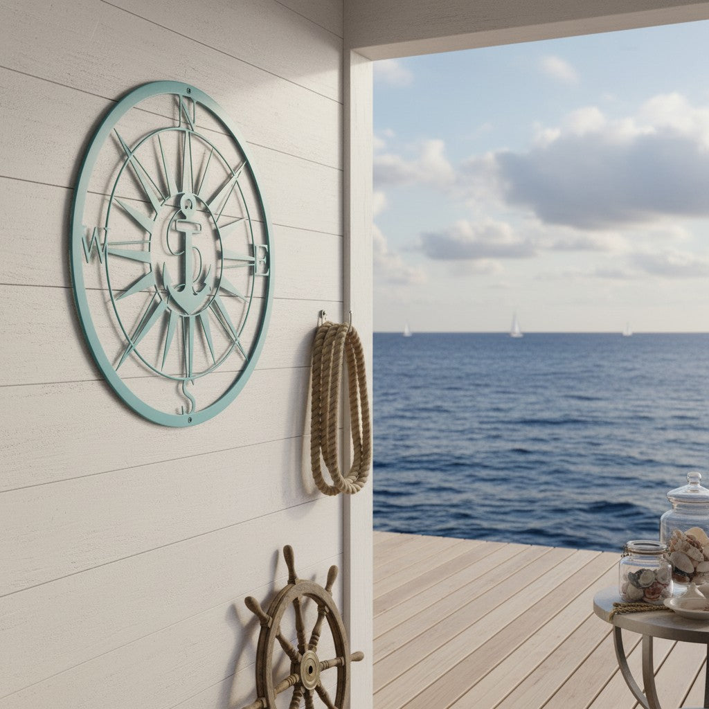 Pastel teal custom metal compass sign featuring a central anchor design displayed on an outdoor white siding wall above a rustic wooden ship wheel prop on a sunny oceanfront deck.
