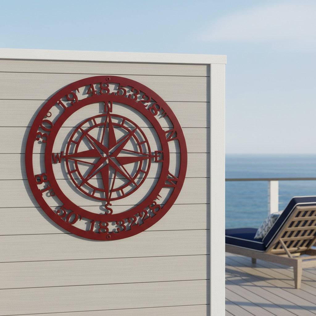 A deep red circular metal compass sign customized with coordinates, fixed to a light beige wood panel wall on a balcony overlooking the blue ocean with outdoor lounge furniture in the background.