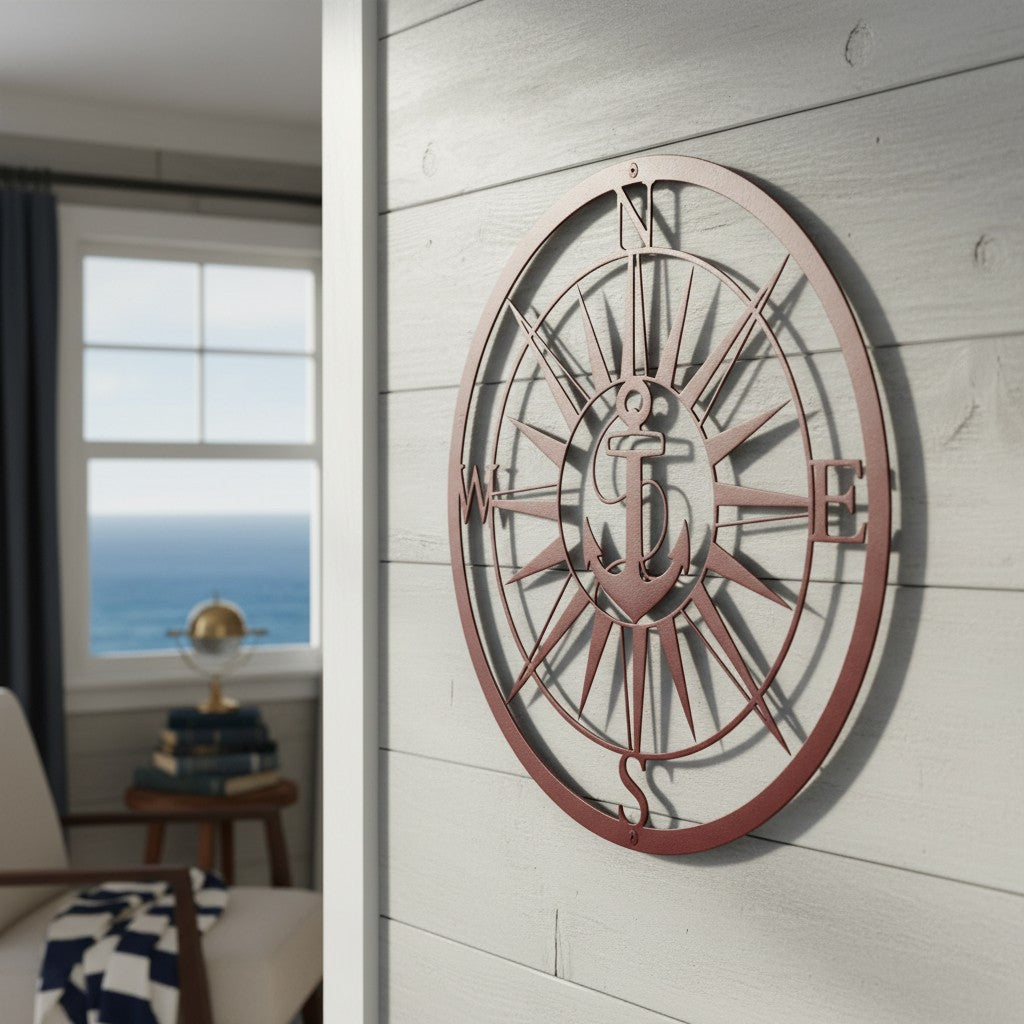 Deep metallic red finish of the custom circular compass anchor wall art styled on an interior shiplap wall next to a window with an open ocean view.