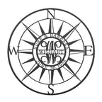Black personalized compass rose metal wall sign with custom family name and established date on white background