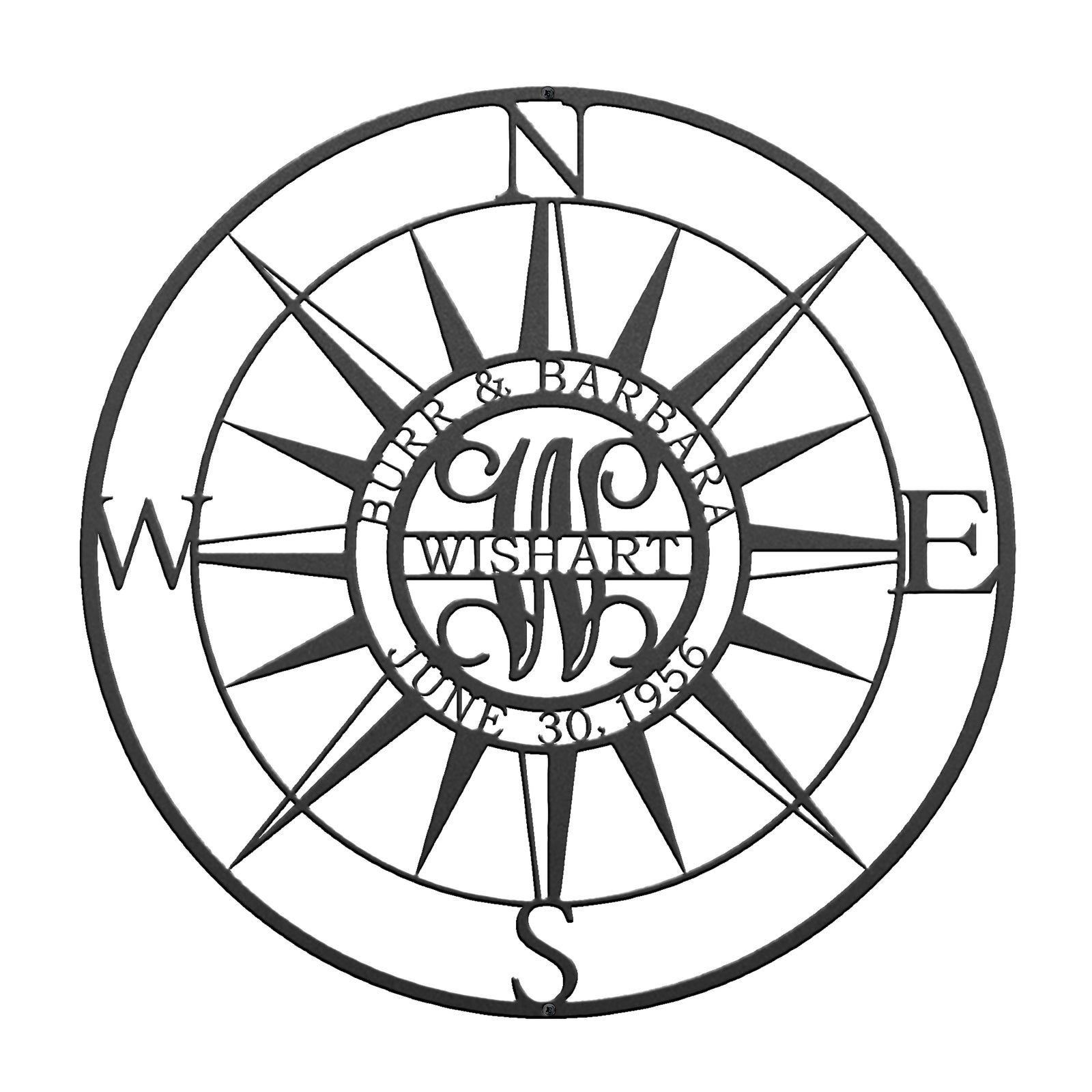 Black personalized compass rose metal wall sign with custom family name and established date on white background