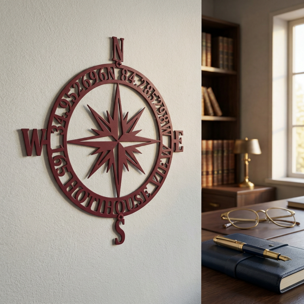 Personalized Coordinates Compass Metal Wall Decor for Office in a dark red color, mounted on an indoor wall next to a desk.