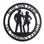 Custom cowboy couple metal wall sign with family farm name in round western style design for rustic home décor