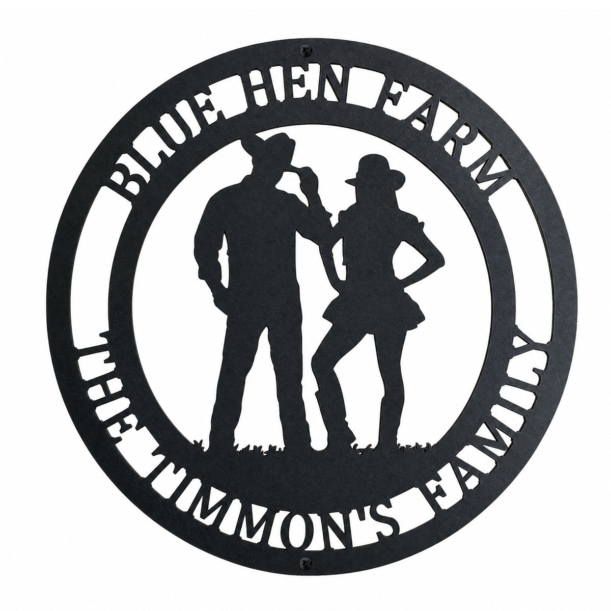 Custom cowboy couple metal wall sign with family farm name in round western style design for rustic home décor