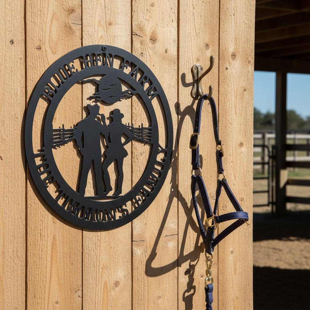 Black custom metal farm sign reading "Blue Hen Farm" and "The Timmon's Family" with a cowboy couple silhouette, displayed on a wooden barn post next to a hanging blue horse halter.