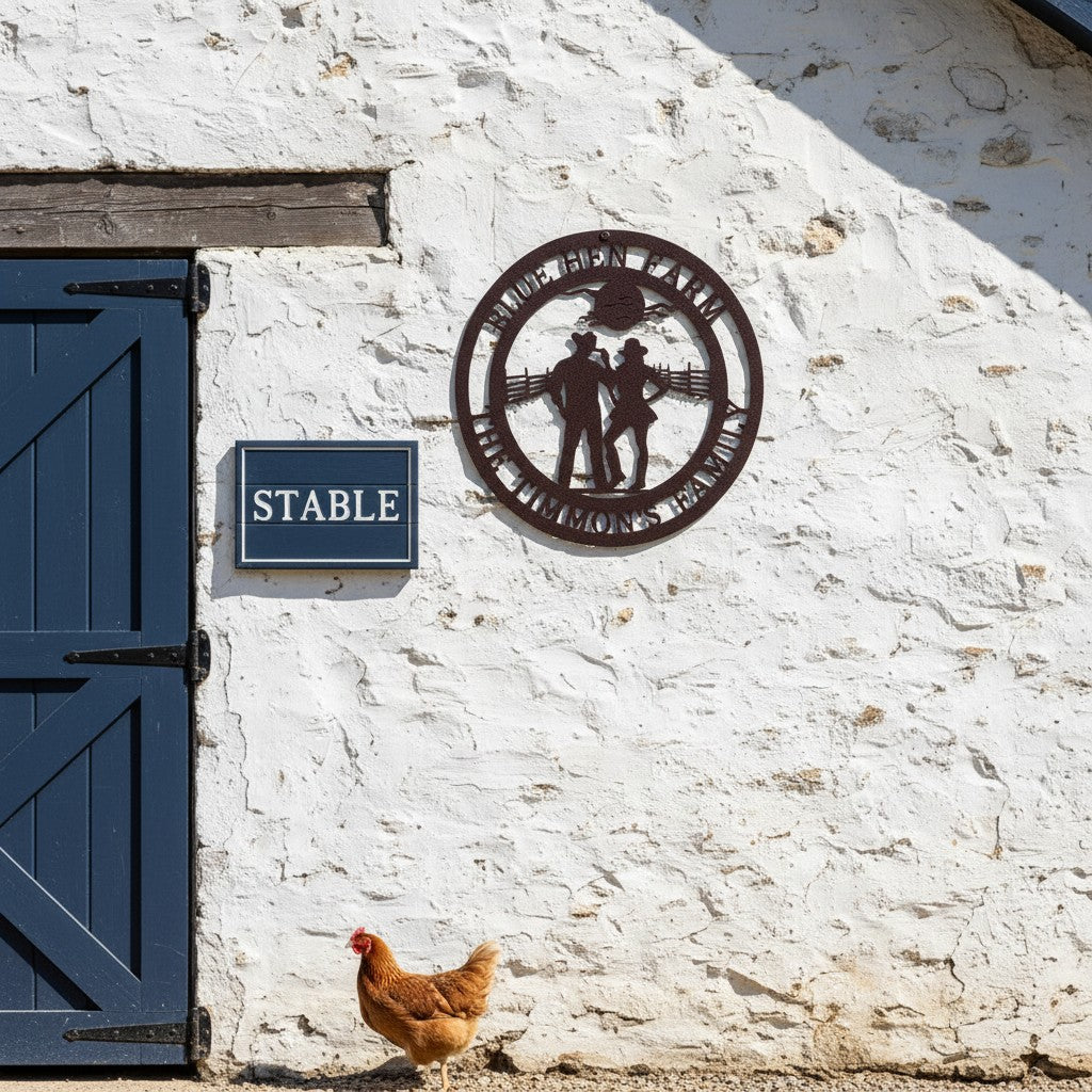 Black custom metal farm sign featuring a cowboy and cowgirl silhouette, mounted on a rustic white stone wall next to a blue stable door with a brown chicken walking below.