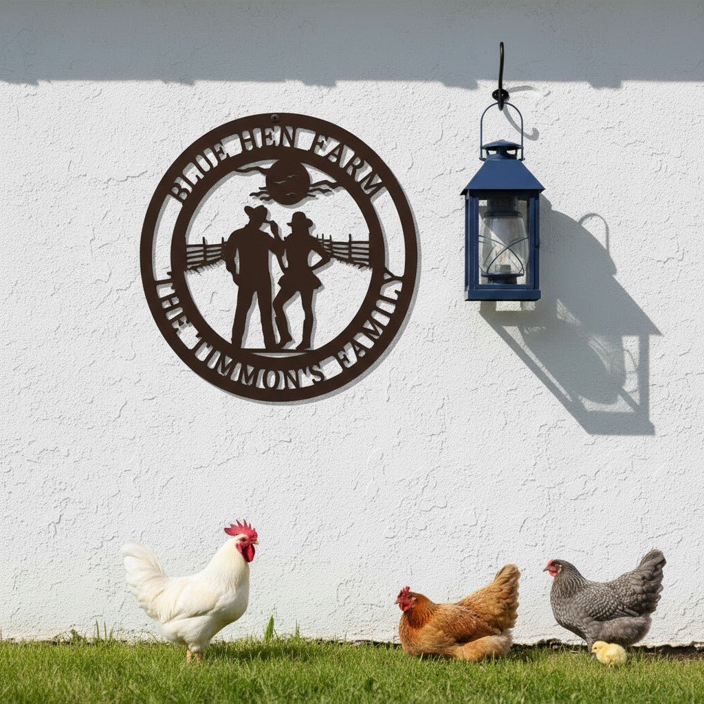 Espresso brown personalized metal ranch sign with a cowboy couple silhouette, displayed on a white exterior wall next to a blue lantern with a small flock of chickens in the grass underneath.