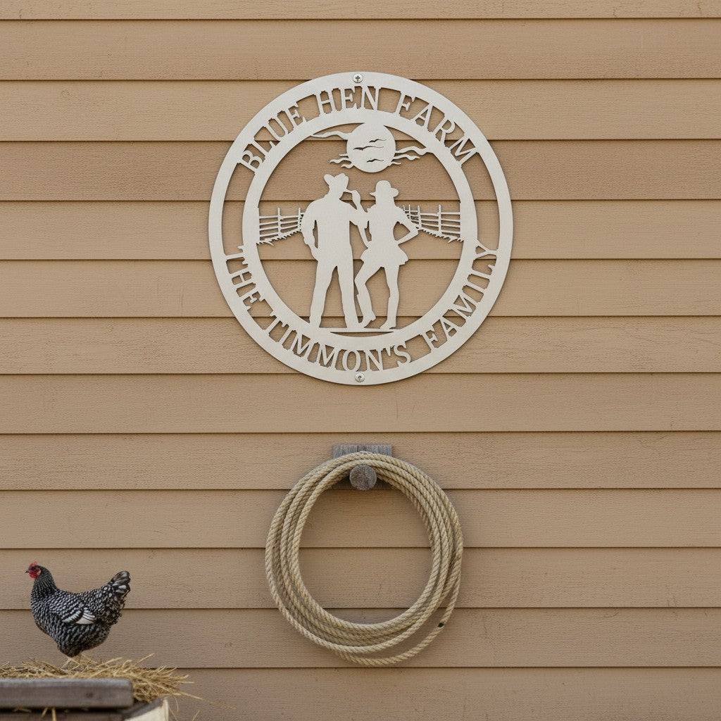 White personalized metal farm sign showing a cowboy and cowgirl silhouette, mounted on tan horizontal siding above a coiled rope with a speckled chicken nearby.