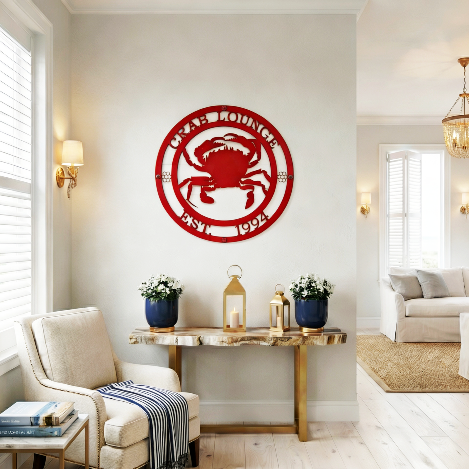 Red crab lounge metal sign displayed in bright coastal living room
